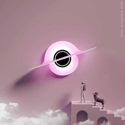 A Black Hole shaped wall lamp mounted on a wall & emitting soft pink light.