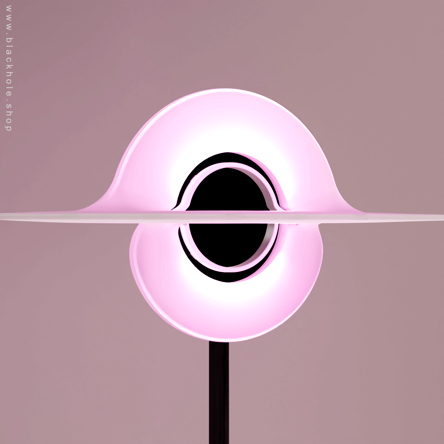 A Black Hole shaped floor lamp with a wooden sculptural stand, emitting soft pink light. Wood stand features a stretched spacetime fabric pattern. 