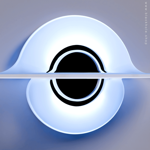 A Black Hole shaped wall lamp mounted on a wall & emitting soft light blue light.