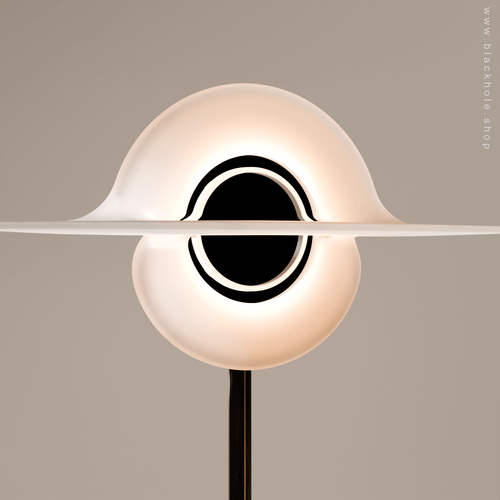 A Black Hole shaped floor lamp with a wooden sculptural stand, emitting warm white light. Wood stand features a stretched spacetime fabric pattern. 