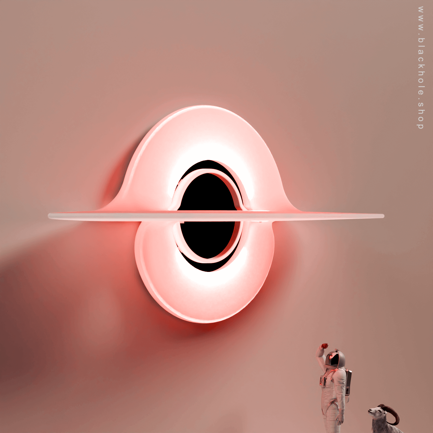 A Black Hole shaped wall lamp mounted on a wall & emitting soft peach light.