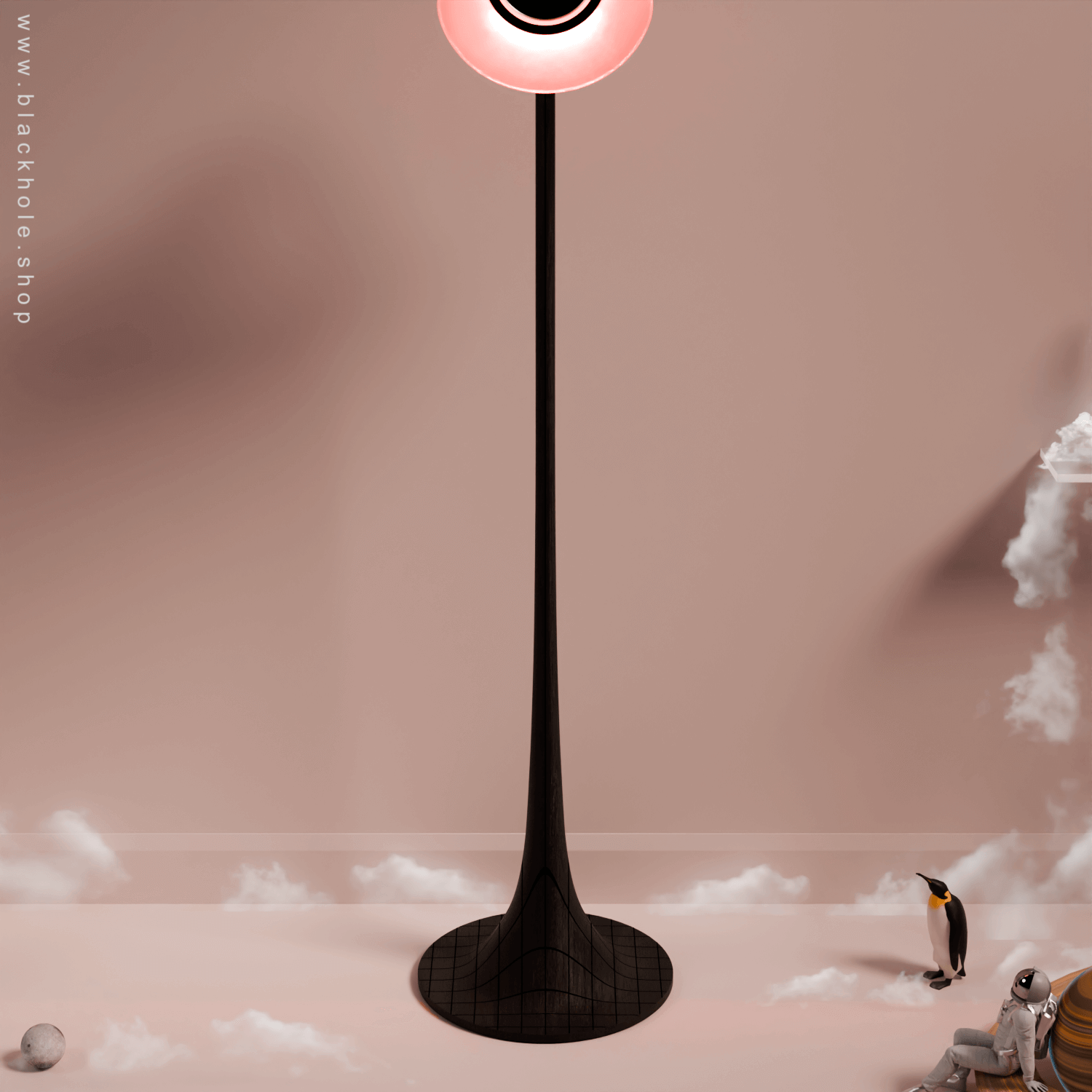 A Black Hole shaped floor lamp with a wooden sculptural stand, emitting soft peach light. Wood stand features a stretched spacetime fabric pattern. 