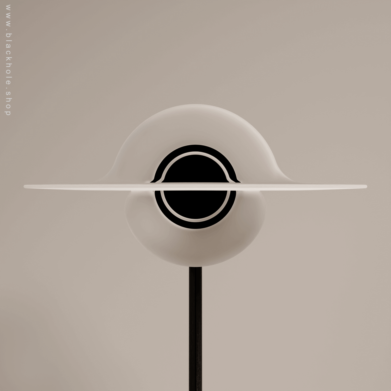 A Black Hole shaped floor lamp with a wooden sculptural stand. Wood stand features a stretched spacetime fabric pattern. 