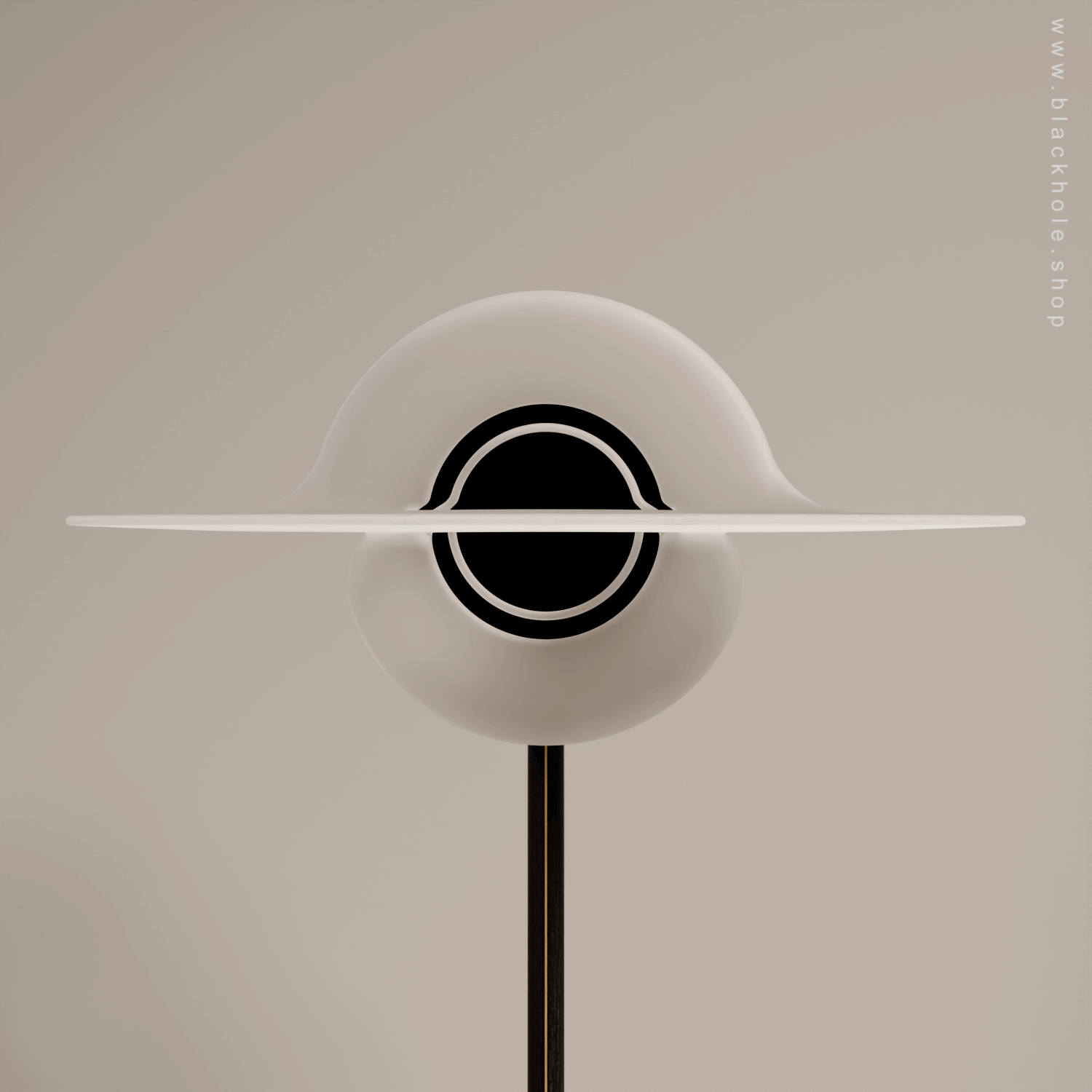 A Black Hole shaped floor lamp with a wooden sculptural stand. Wood stand features a stretched spacetime fabric pattern. 