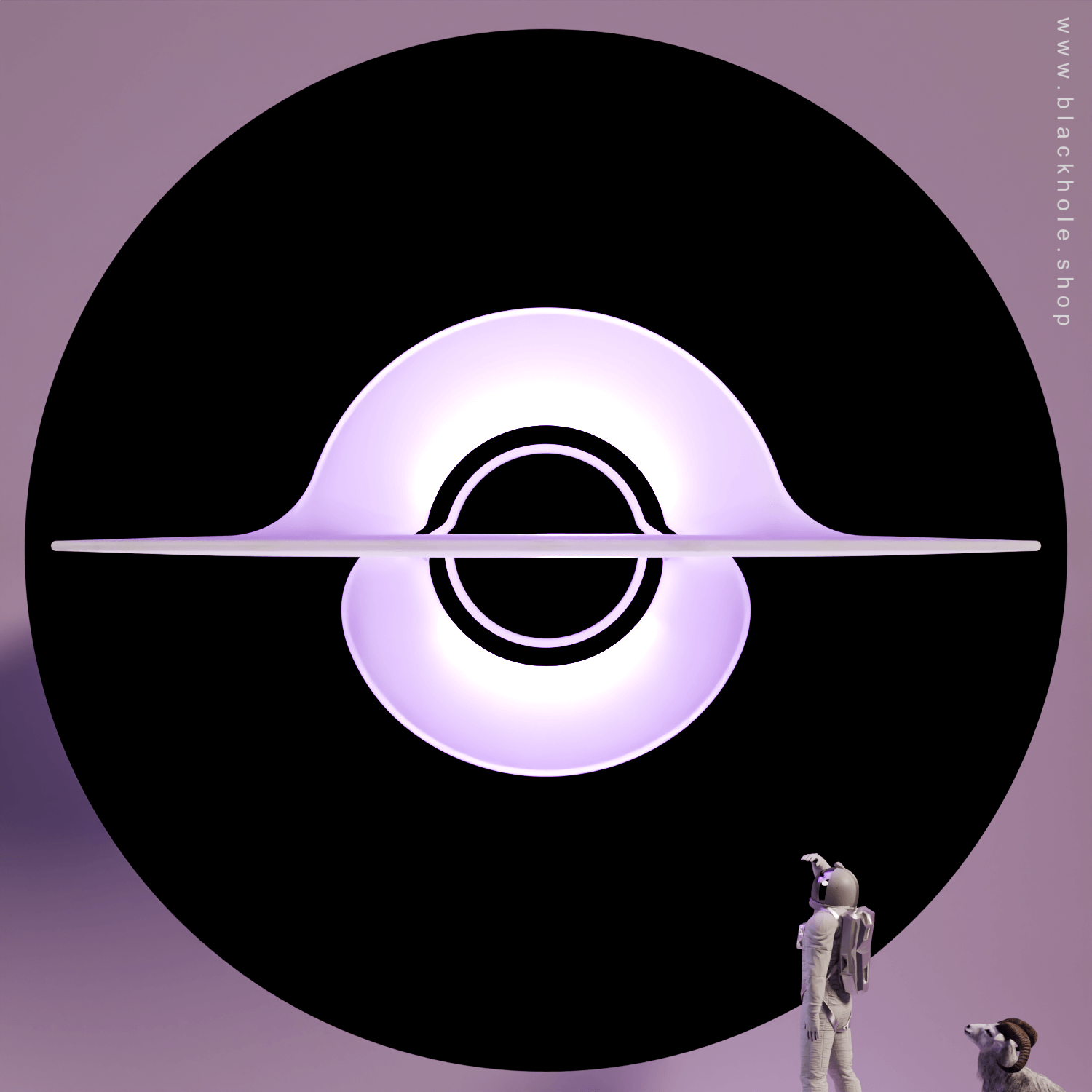 A Black Hole shaped wall lamp mounted on a wall & emitting soft light purple light.